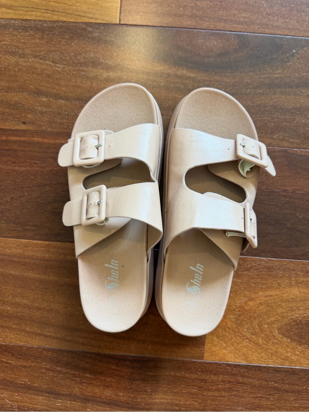 SHEIN Neutral Tan Double-Buckle Slide Sandals